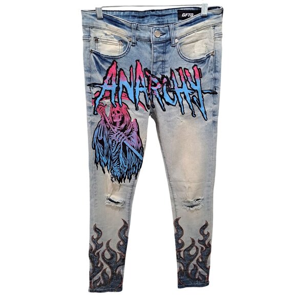 GFTO Los Angeles Other - GFTD LA Anarchy Skinny Denim Jeans Skeleton  Rhinestone Flame Men's Size 30